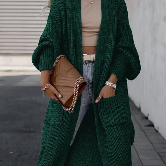 . Sweaters - Green Preppy Womens Solid Color Drop Shoulder Cardigan With Double Po…